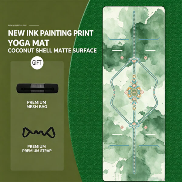 Premium Natural Rubber Coconut Yoga Mat, Ink Wash Art Print & Body Alignment Lines, Toxic-Free for Yoga Pilates
