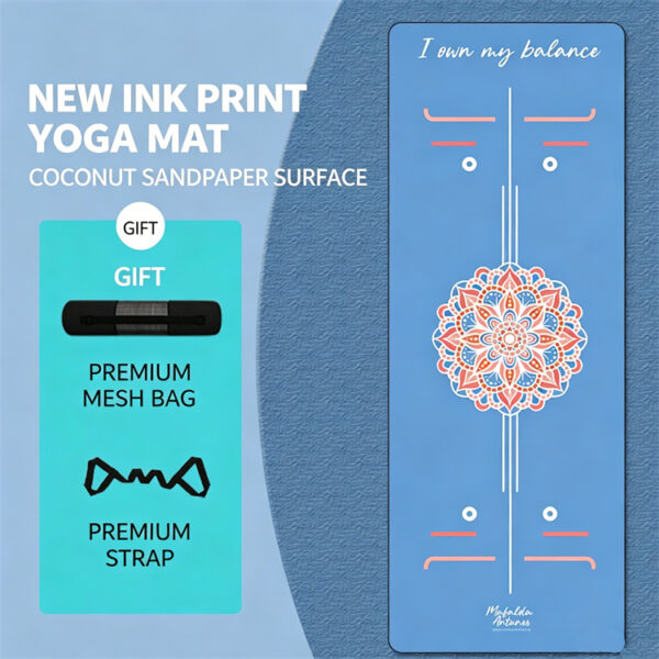 Premium Natural Rubber Coconut Yoga Mat, Ink Wash Art Print & Body Alignment Lines, Toxic-Free for Yoga Pilates